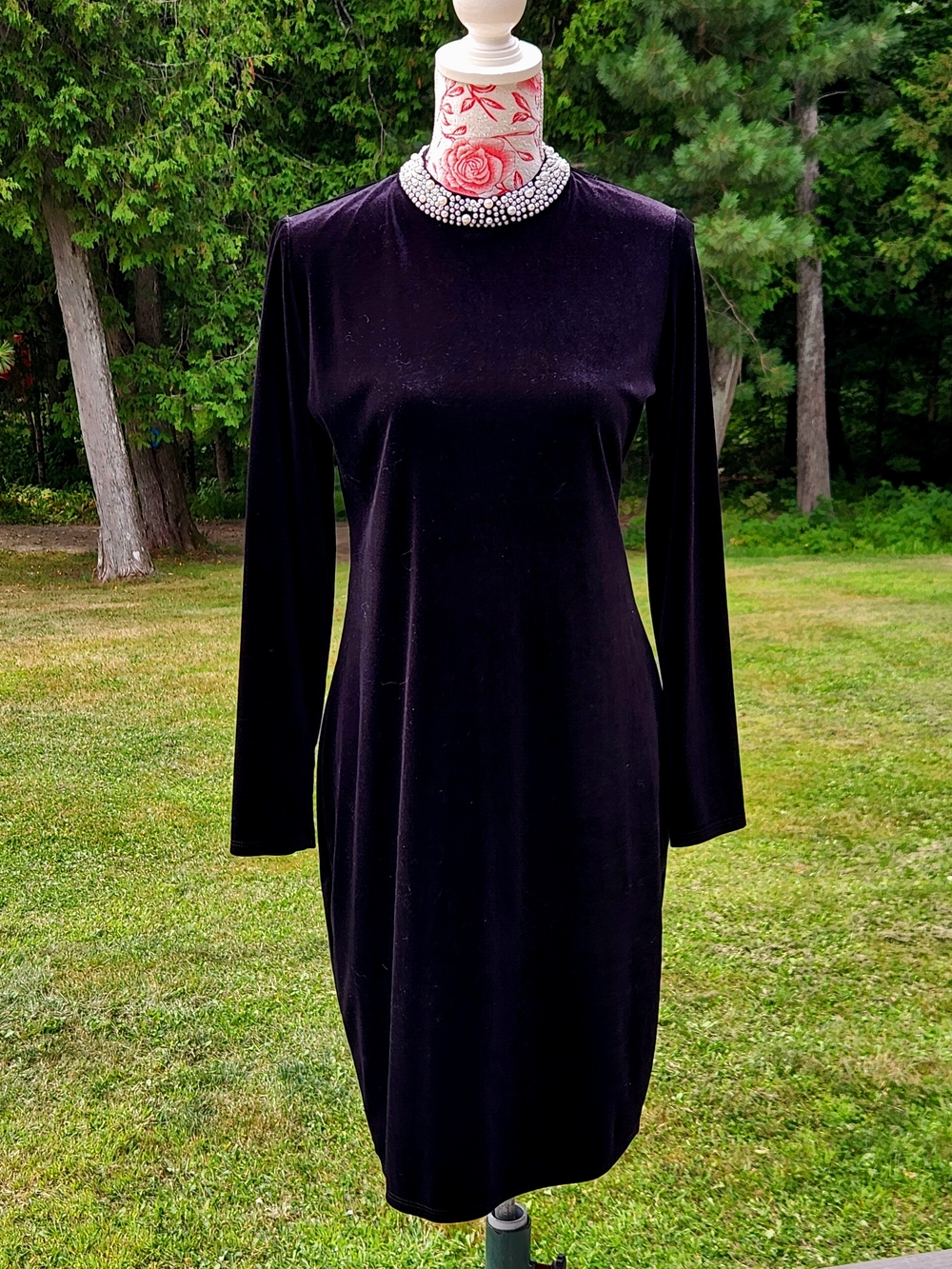 MARINA Black Velvet Long Sleeve Dress with Pearl-Trimmed Collar